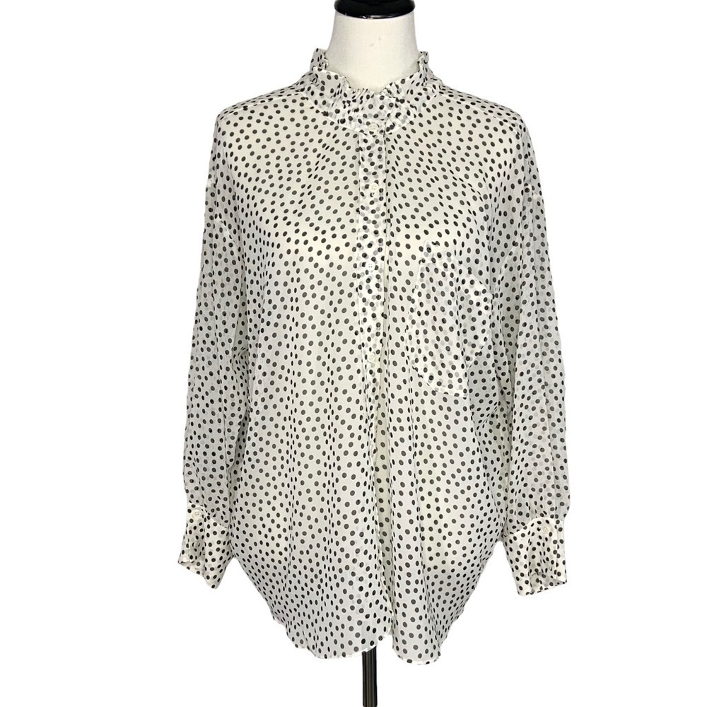 Zara Womens Oversized Polka Dot Button Up Blouse XS Black White Sheer Top Pocket